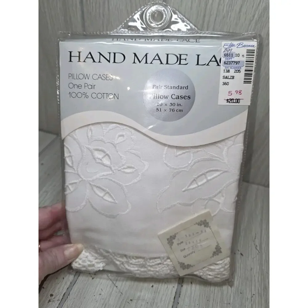 Vtg Cotton Salzburg Hand Made Lace Pillowcase Set 20x30